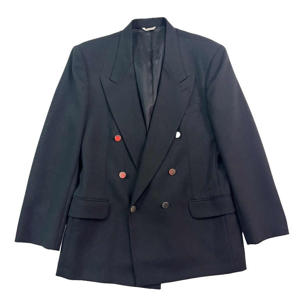 vtg‎ 90s Black 42R Double Breasted Hopsack Blazer Jacket Sport Suit Coat USA